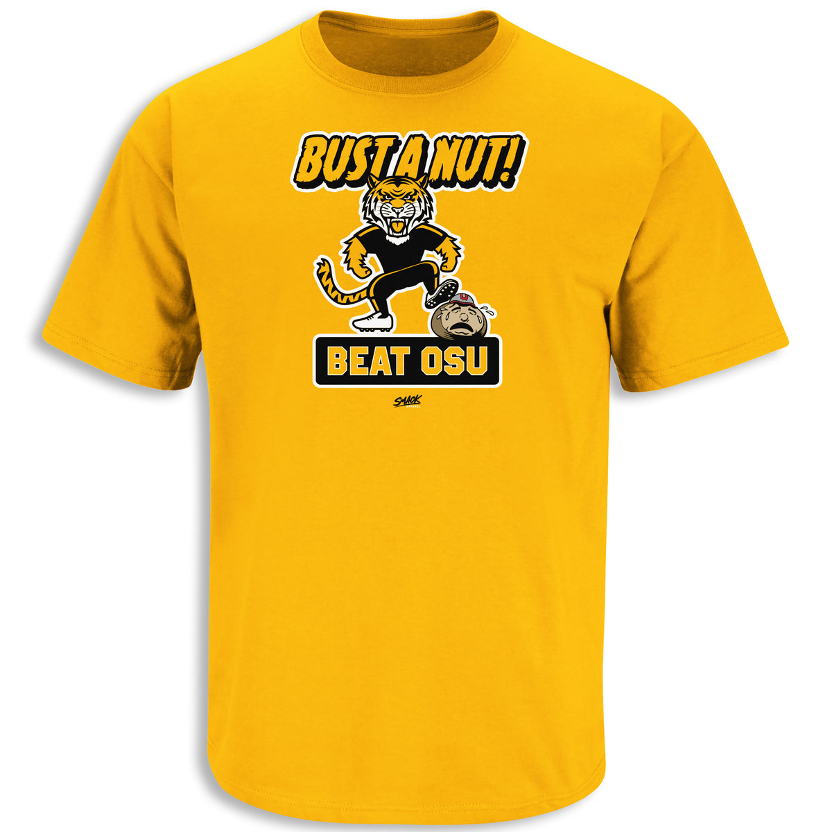 Bust A Nut! Beat Ohio State (Blue/Maize) T-Shirt for Michigan College Fans (SM-5XL) Short Sleeve / Maize / Small