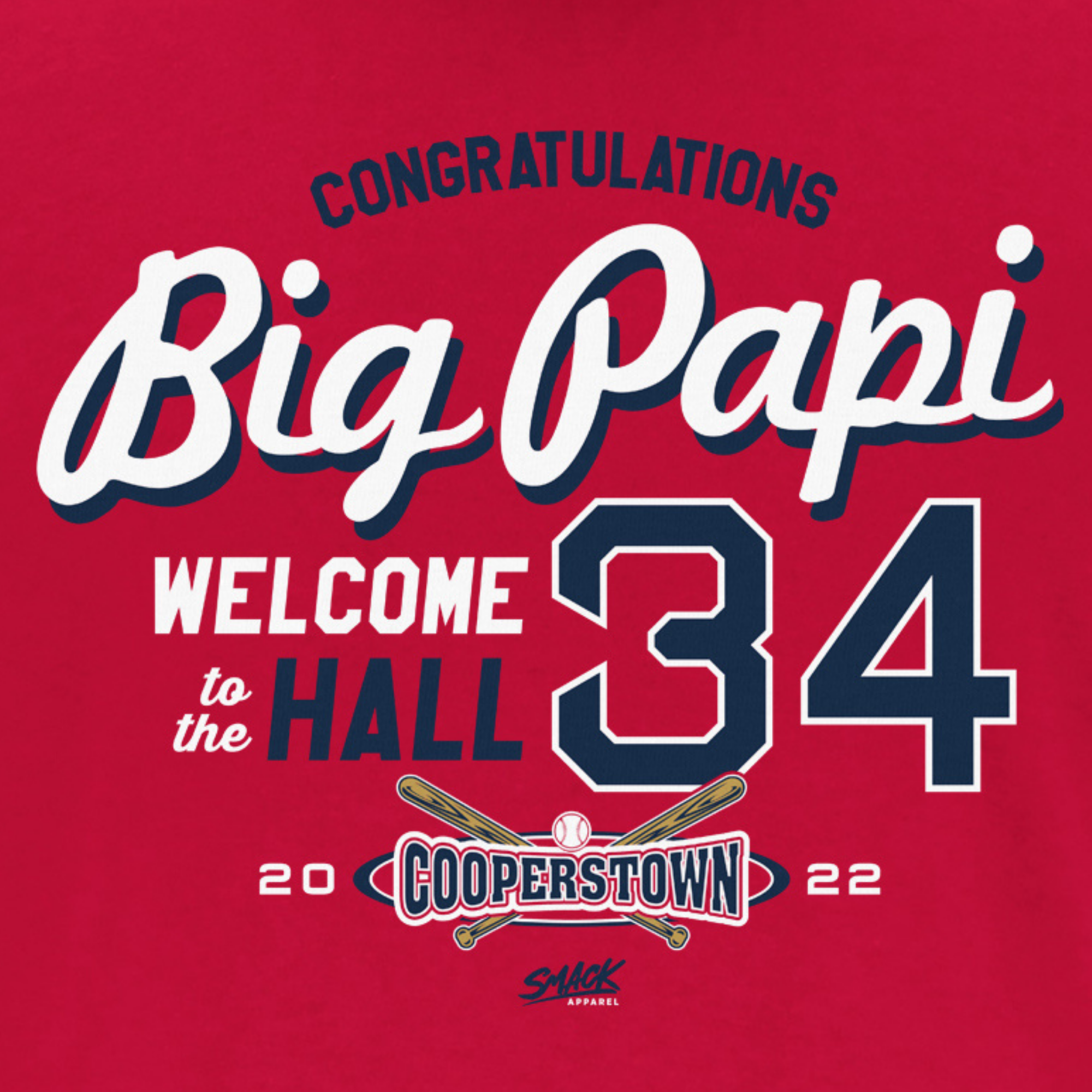 Smack Apparel Congratulations Big Papi Welcome to The Hall for Boston Baseball Fans Short Sleeve / XL / Red
