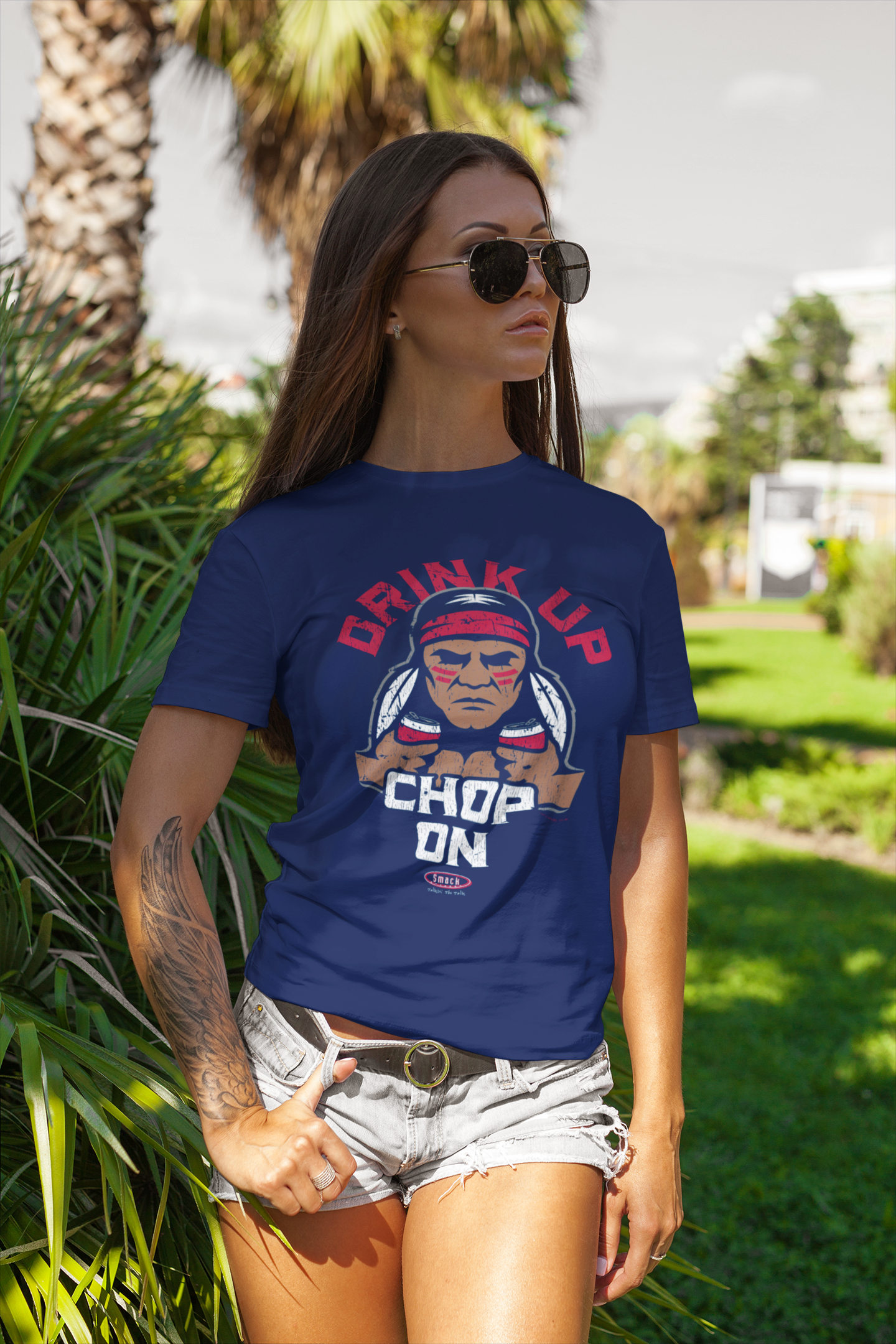 Atlanta Baseball Fans - Drink Up Chop on Shirt Medium / Navy
